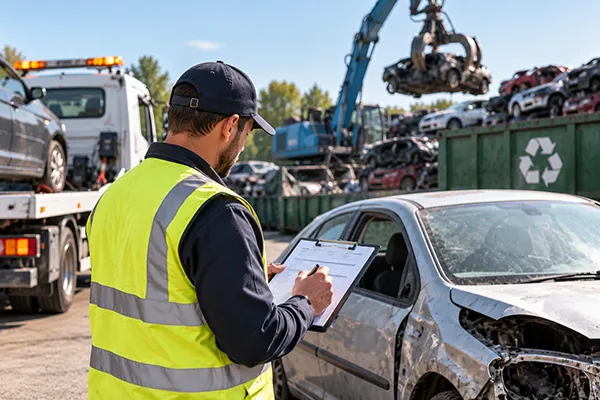 Professionnel contrôlant un véhicule hors d'usage dans un centre de recyclage automobile