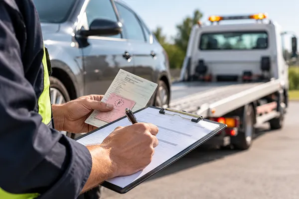 Illustration des démarches administratives nécessaires à l'enlèvement d'une épave en Normandie : carte grise, certificat de situation administrative et certificat de cession pour destruction.