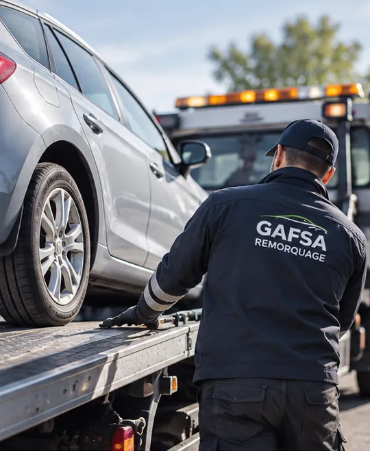 Épaviste procédant à l'enlèvement d'un véhicule hors d'usage