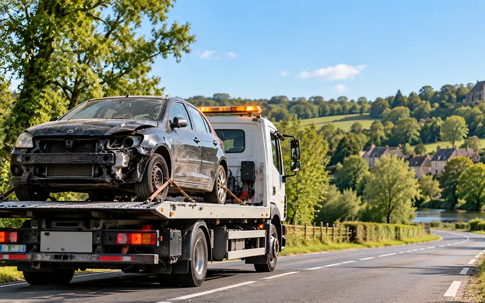 Dépanneuse transportant un véhicule pour illustrer l'enlèvement d'épave dans l'Eure