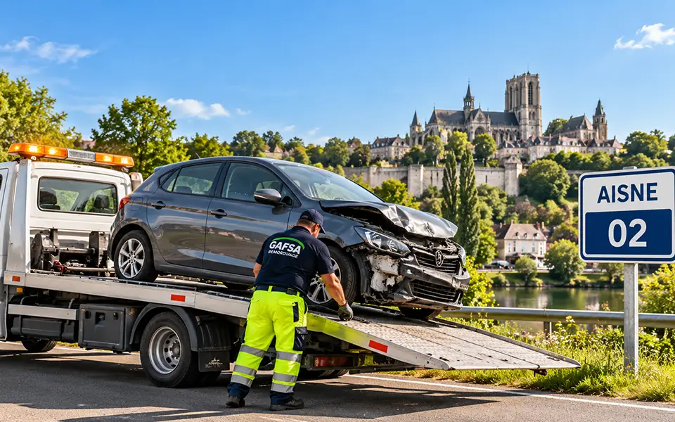 Dépanneuse Gafsa Remorquage chargeant une voiture accidentée dans l'Aisne (02)