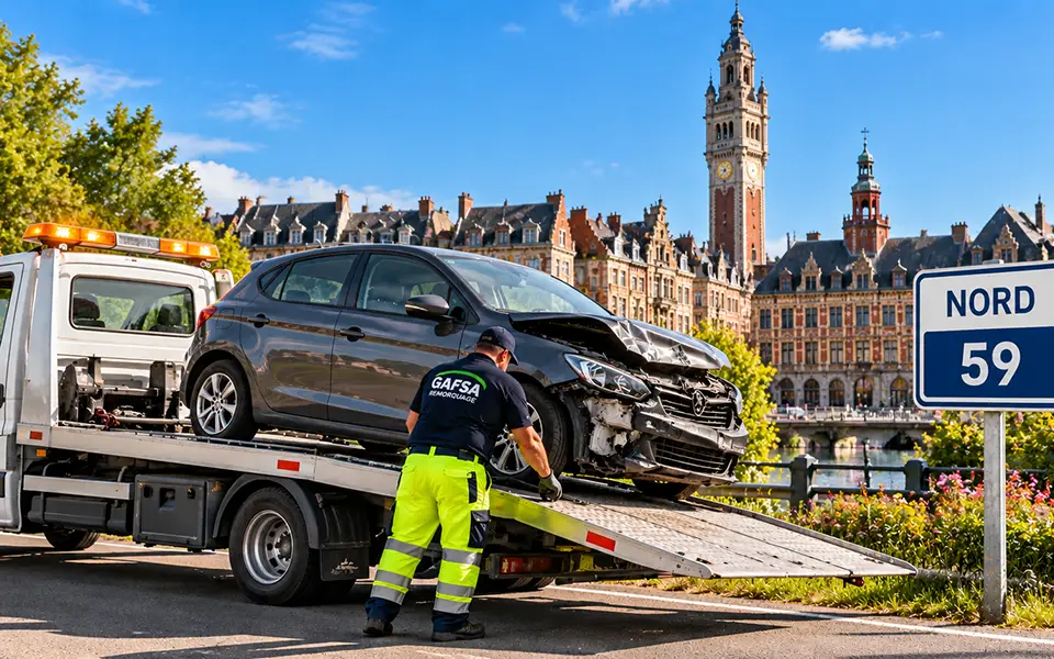 Dépanneuse Gafsa Remorquage chargeant une voiture accidentée dans le Nord (59)