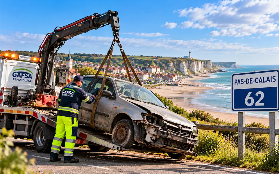 Dépanneuse Gafsa Remorquage chargeant une voiture accidentée dans le Pas-de-Calais (62)