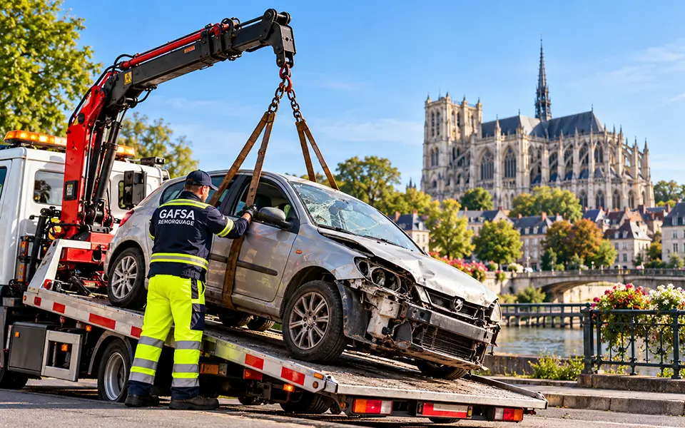 Enlèvement d'une voiture accidentée par une dépanneuse près de la cathédrale d'Amiens dans la Somme (80)