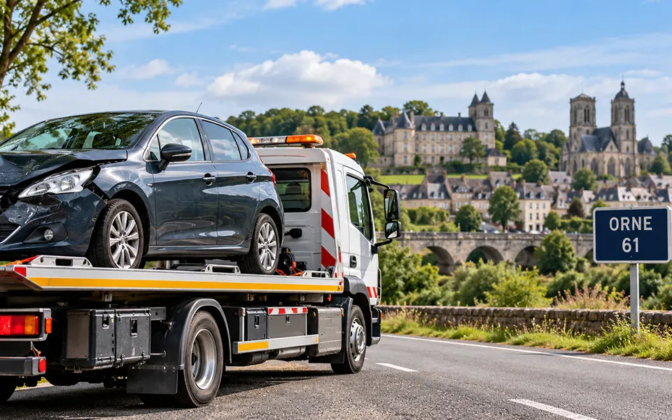 Dépanneuse transportant une voiture accidentée sur une route de campagne, illustration du service d'épaviste dans l'Orne (61)