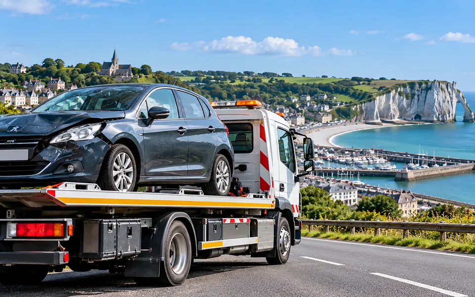 Dépanneuse transportant une voiture accidentée sur une route côtière de Seine-Maritime (76), avec les falaises normandes en arrière-plan